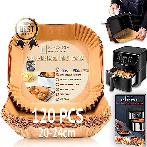 EVER GOODS – Papel Para Freidora de Aire, 120 Piezas, Papel Horno Freidora Aire, Cuadrado y Redondo, Papel airfryer vegetal, antiadherente, desechable, air fryer accessories. (20cm, Cuadrado)