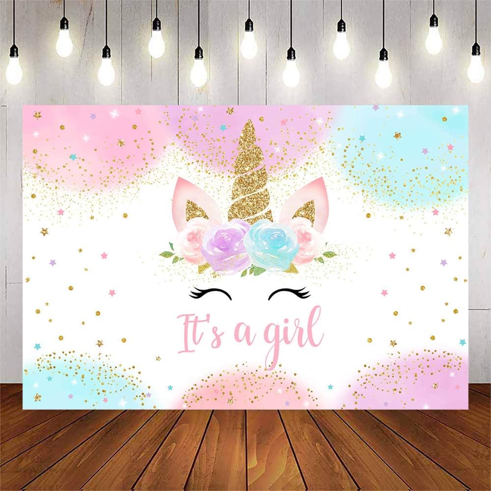 Avezano Unicorn Backdrop for Girls Baby Shower Party Background Pink Floral Background for Photo Studio It's a Girl Gender Reveal Party Decorations (7x5ft)