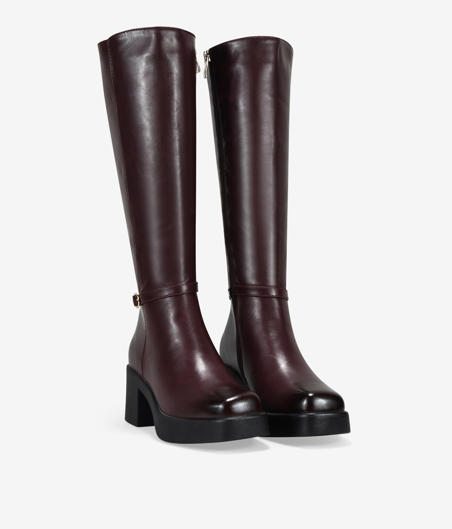 BOSANOVA Botas Altas con tacón con Tira Decorativa con Hebilla, Acabado Cuadrado y Suela de Plataforma de 2 cm con tacón Cuadrado de 6.5 cm. Cierre con Cremallera Interior. Calzado para Mujer