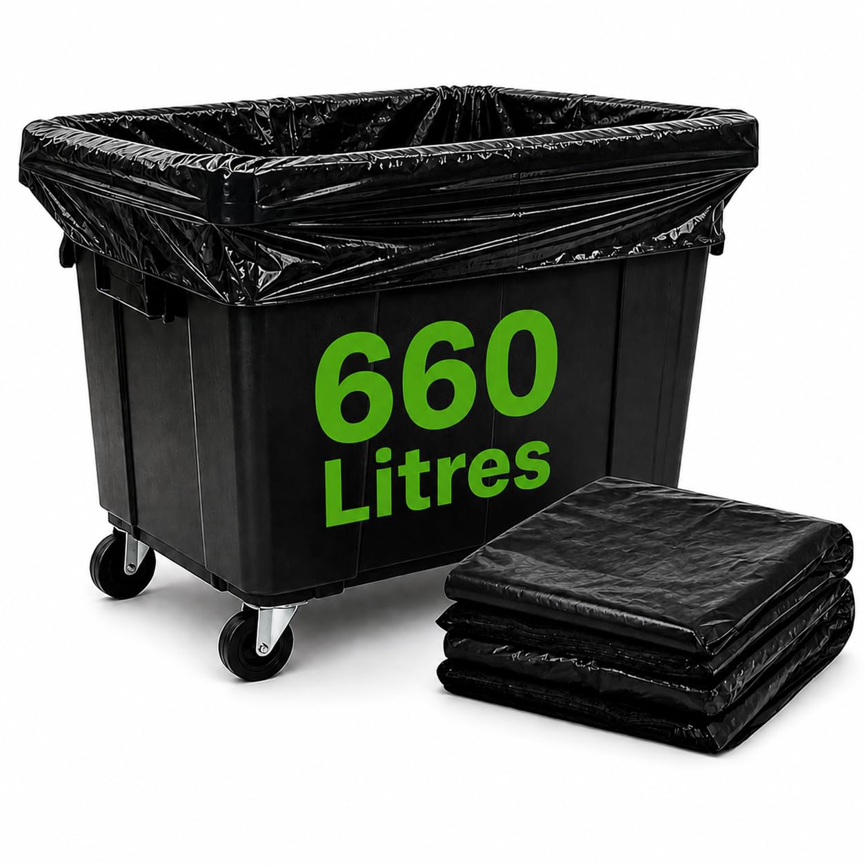 Bolsa de basura de 660 litros x 20 | Funda protectora contenedor 660 L | Bolsas fundas de 660 litros, color negro | todo tipo de residuos y basura, grosor 30 µ, antifugas y antidesastre