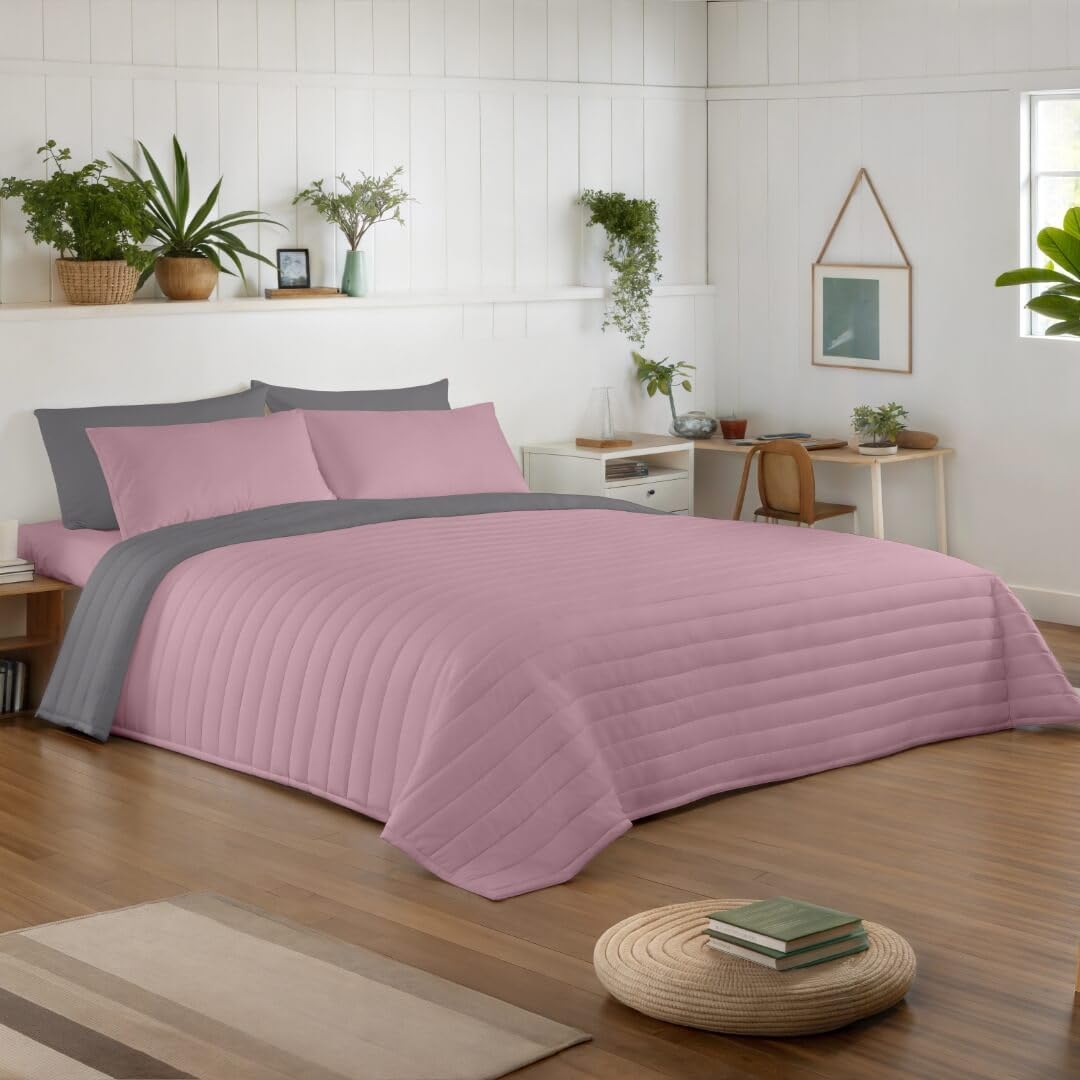 NATURALS - Colcha Bouti Reversible Bicolor | Cama 135/150 (250x260 cm) | Microfibra Extrasuave | Cubrecama Acolchado a Líneas | Ideal Primavera y Verano | Rosa Viejo/Gris