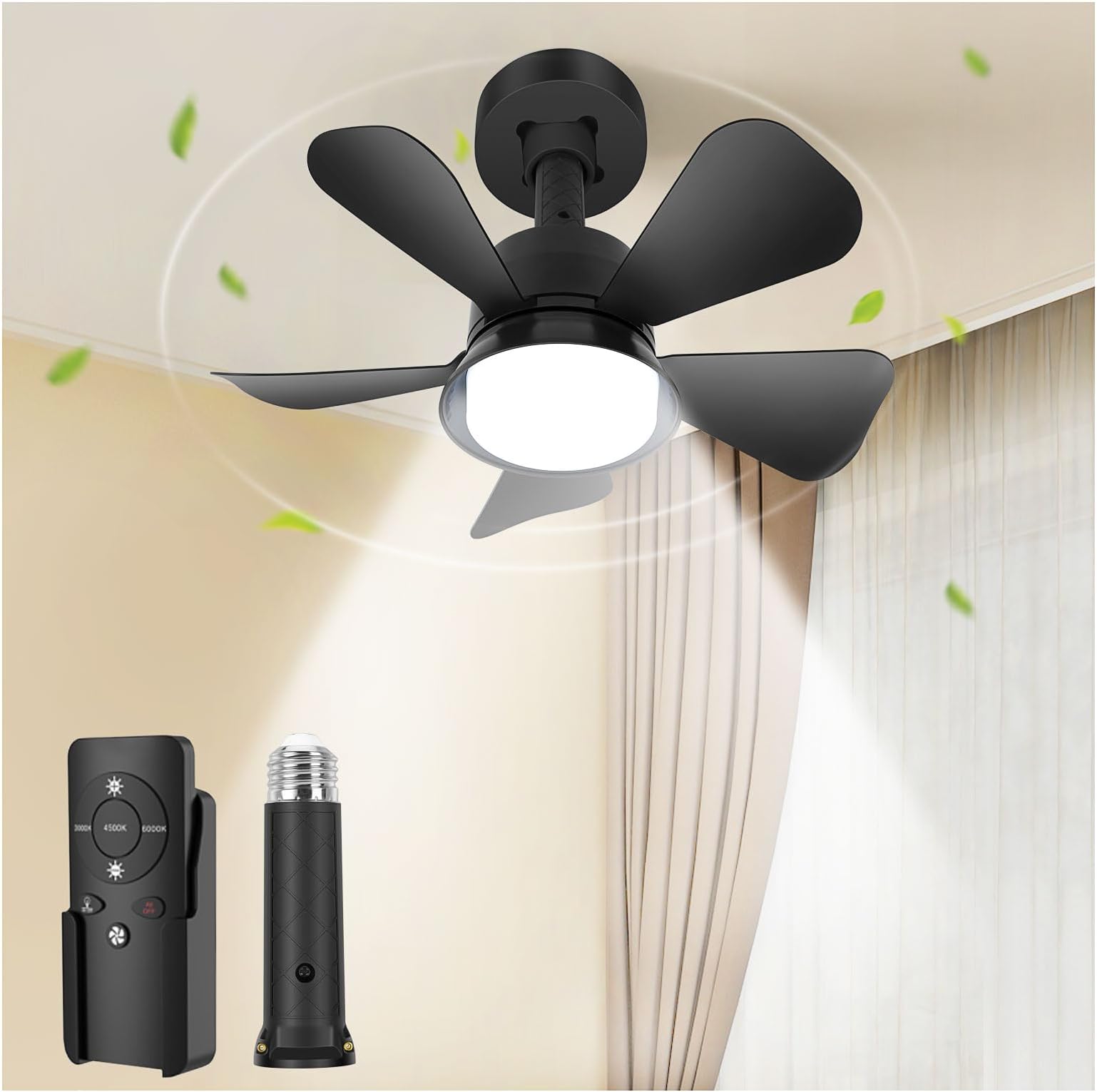 Black Ceiling Fan with Light, 3 Light Color Dimmable Ceiling Fans with Lights and Remote, E26/E27 Standard Light Base, Modern Flush Mount Low Profile Ceiling Fan for Bedroom