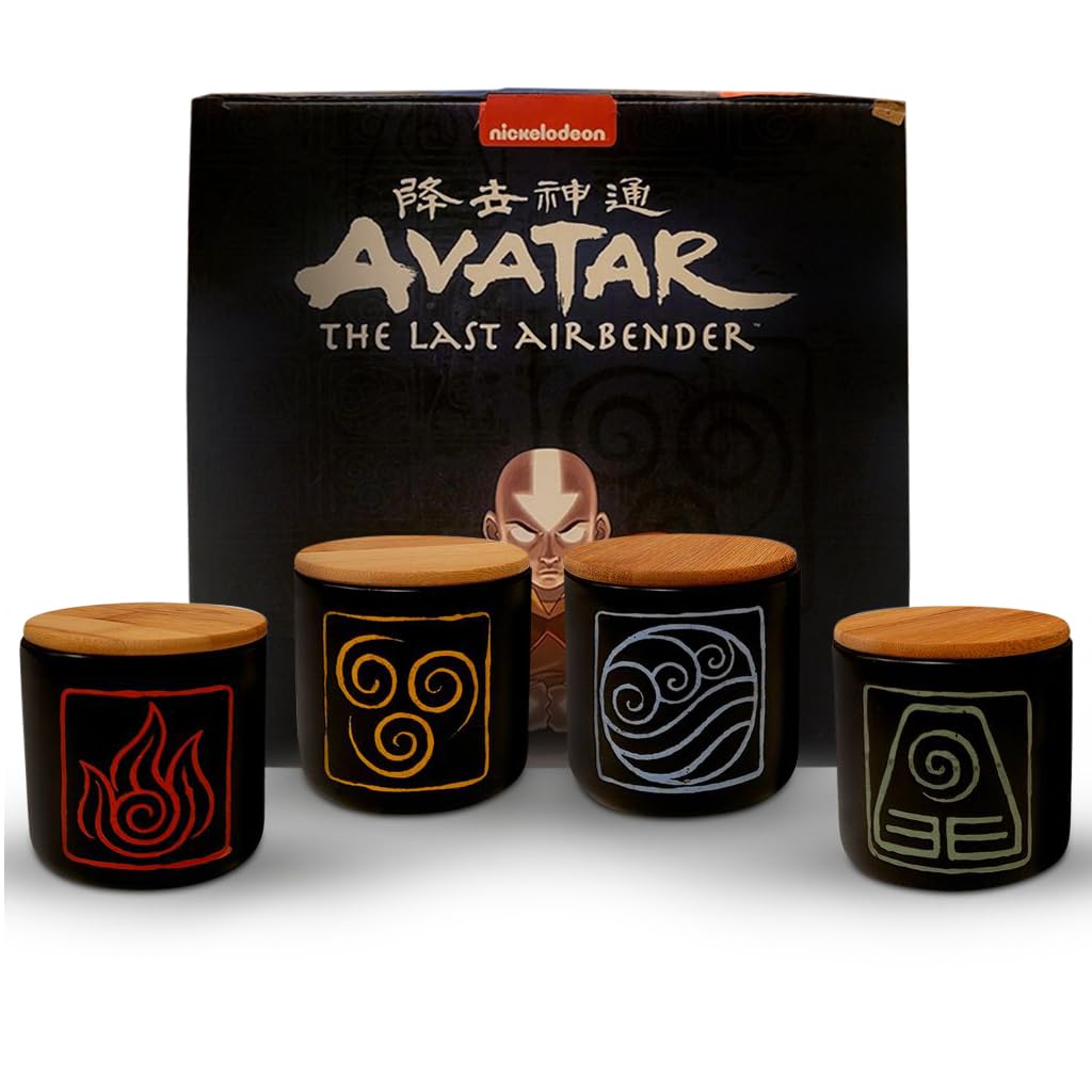 Bazillion Dreams Avatar The Last Airbender Four Nations Mug Set of 4 with Bamboo Lids, for Aang, Katara, Sokka and Zuko Fans
