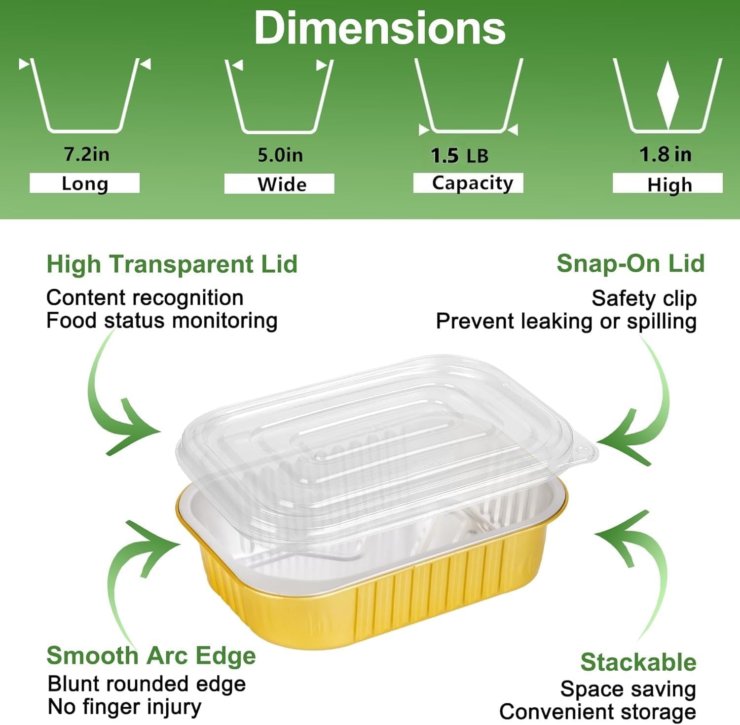 40 Pack 1.5 LB Gold Aluminum Pans with Lids Heavy Duty, 7.2"×5"×1.8" Aluminum Foil Pans Disposable Food Containers with Lids, Tin Foil Pans for Baking, Meal Prep, Freezer, Heating and Takeout