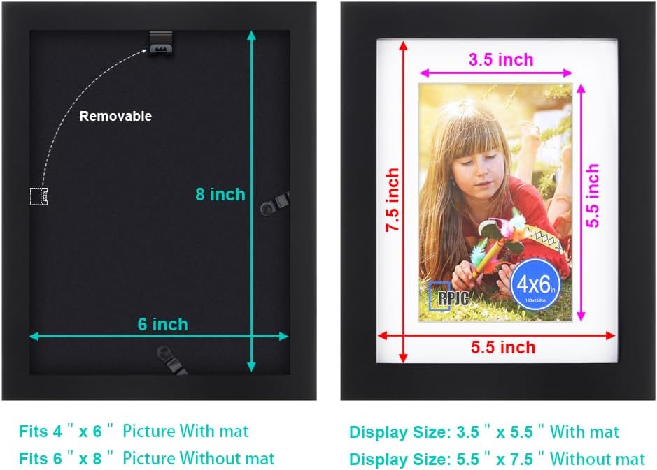 RPJC 6x8 inch Picture Frame Made of Solid Wood and High Definition Glass Display Pictures 4x6 with Mat or 6x8 Without Mat for Wall Mounting Photo Frame Black - Image 4