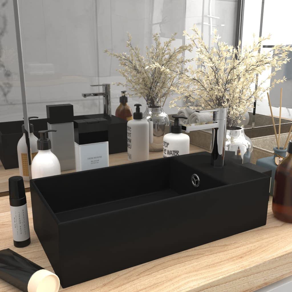 vidaXL Lavabo de Baño Antidesbordamiento de Manos Fregadero Tocador Piedra Recipiente Vasija Aseo Indoro Cocina Garaje Cerámica Negro Mate