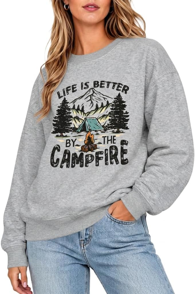 Fkatuzi Funny Camping Graphic Sweatshirts For Women Pine Tree Mountains Sweatshirt Vintage Pullover Long Sleeves Crewneck Top