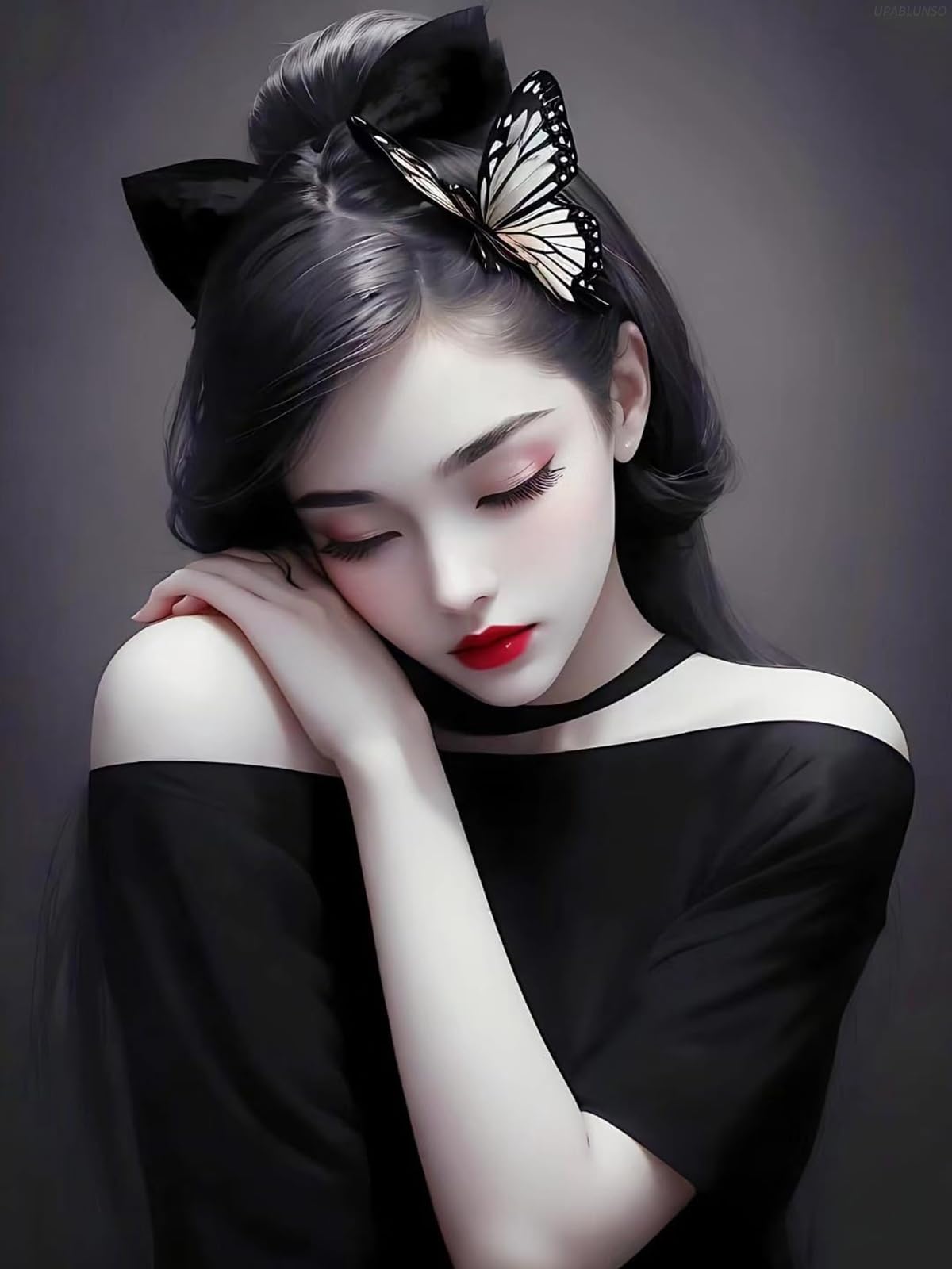 UPABLUNSO Butterflies Woman Beauty in Black Dress DIY 5D Diamond Art Painting Kits Round Full Drill Diamond Art Paint by Number Kits for Wall Decor Gift 30x40cm