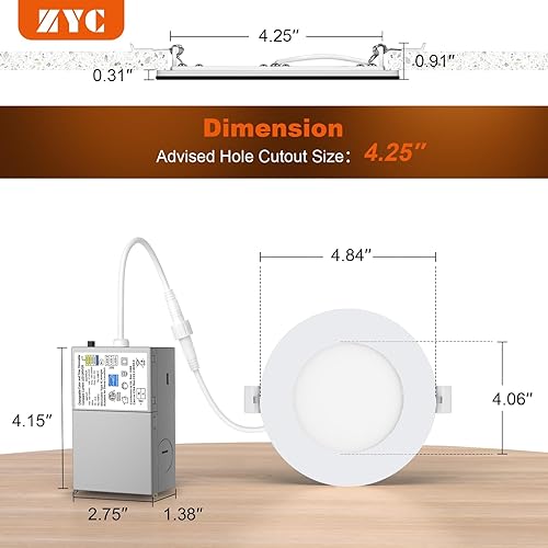 Miniatura 7 de ZYC Canless - Iluminación LED empotrable de 4 pulgadas, paquete de 6 luces descendentes ultrafinas de 5CCT con modo de luz nocturna, 9 W, 800 lm,