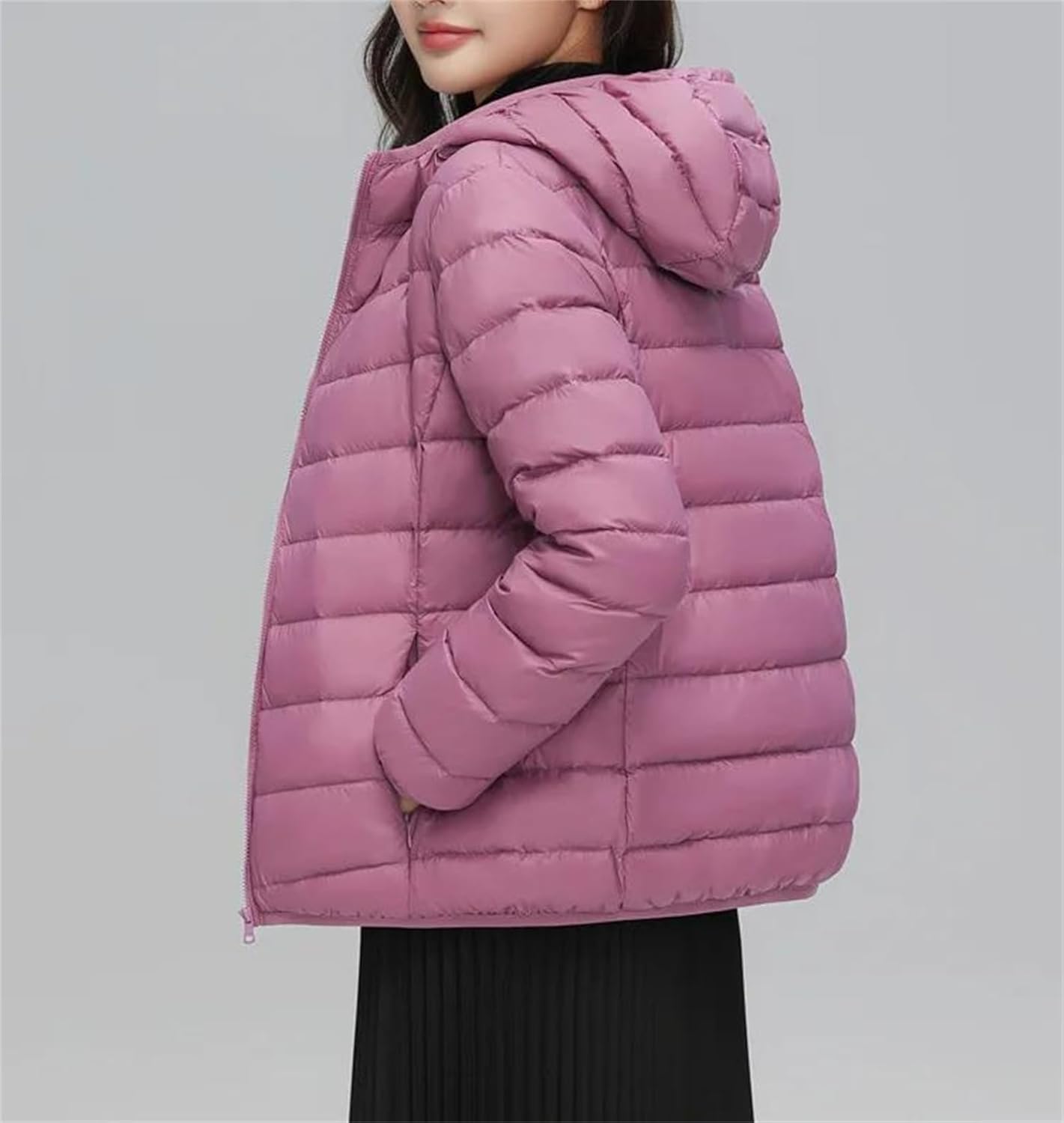 Women White Duck Down Jacket Lightweight Long Sleeve Quilted Slim Hooded Puffer Jacket Parkas Outerwear