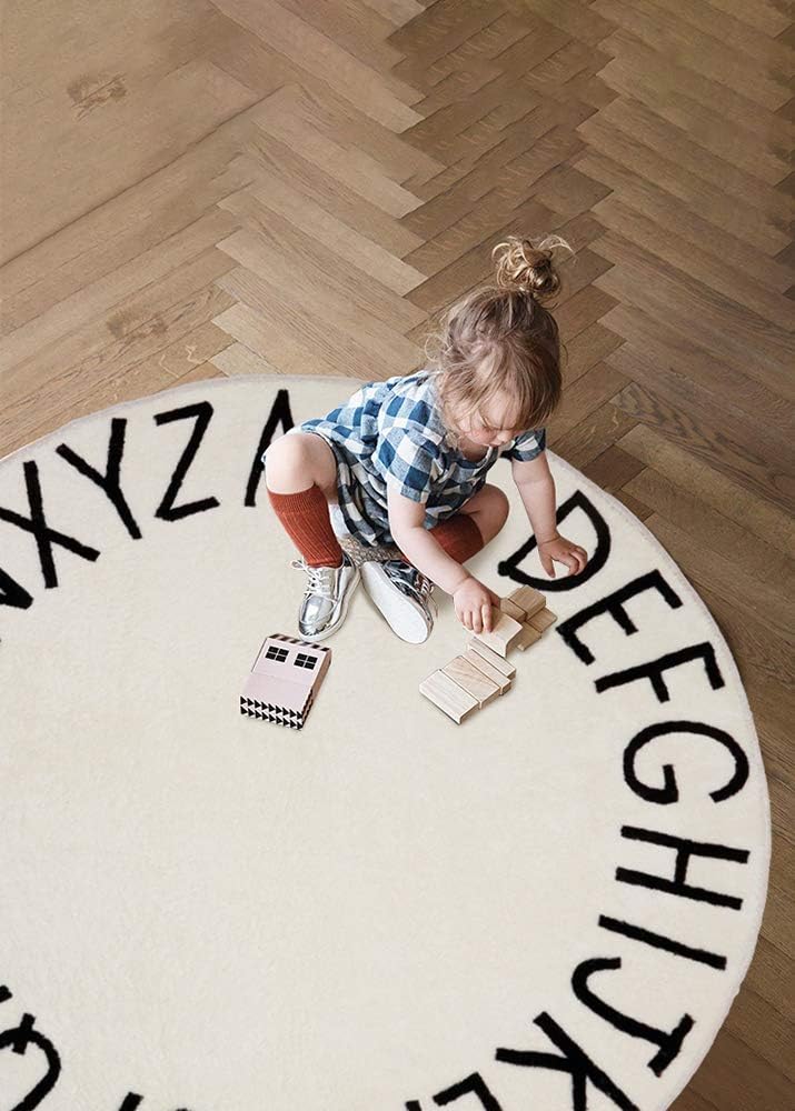 U'Artlines ABC Kids Play Mat Baby Nursery Rug Round Educational Alphabet Soft Area Rug Non Slip for Children Toddlers Bedroom (Cream, 4 ft)
