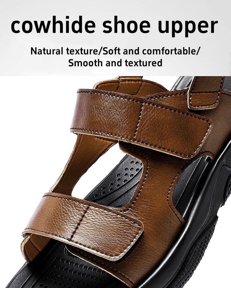 CROSSBABY Men's Genuine Leather Hollow-Out Business Sandals,Adjustable Closed Toe Flat Fisherman Shoes,Summer Outdoor Casual Anti-Slip Beach Sandals2