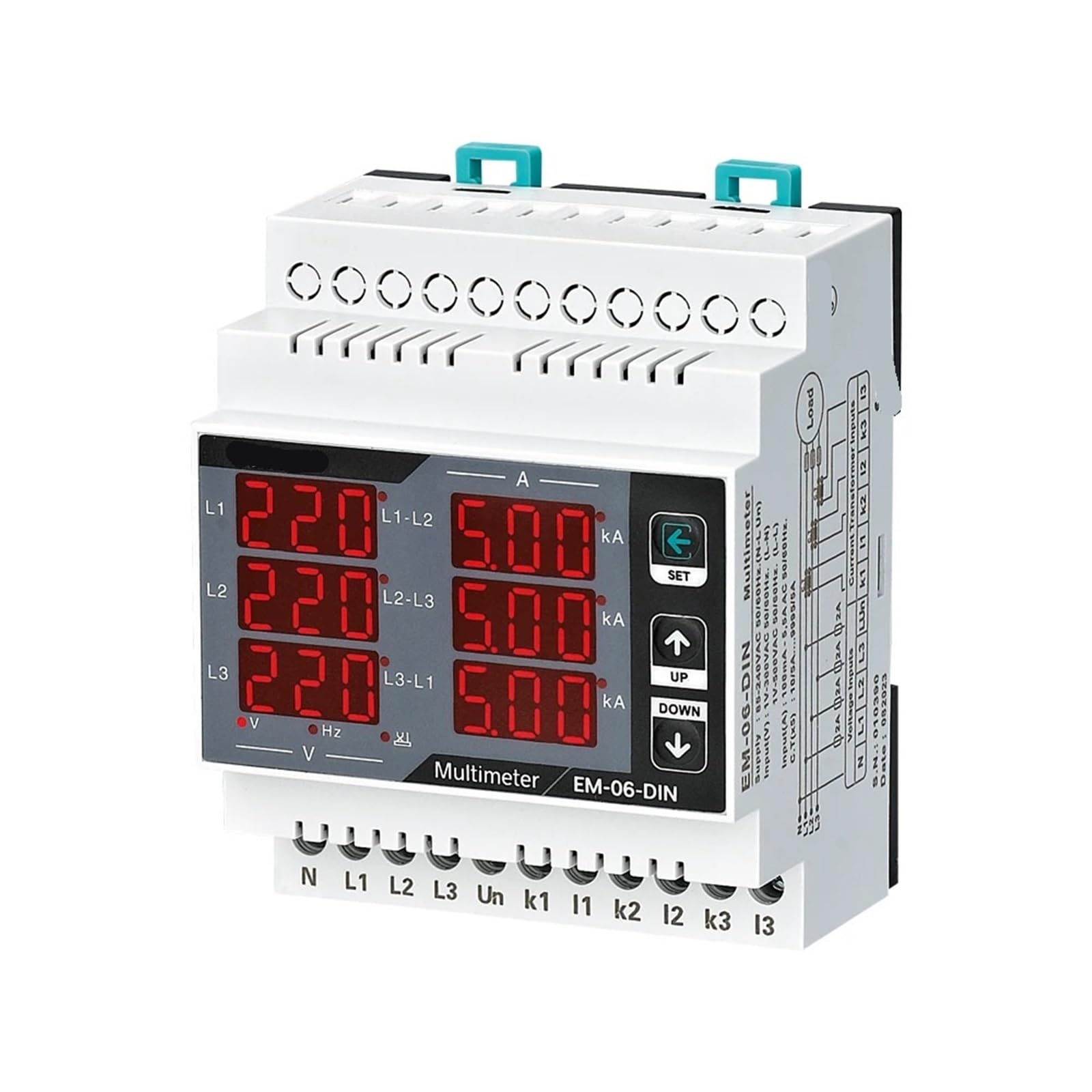 Multimètre triphasé EM-06-DIN avec voltmètre et ampèremètre 400A - 3