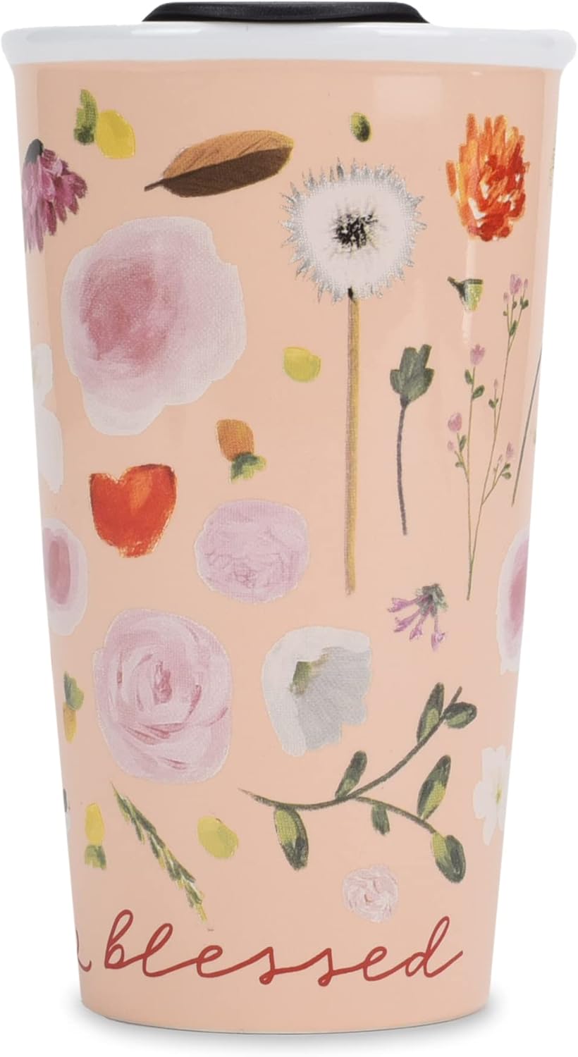 Lighthouse Christian Products Thankful and Blessed 12 ounce Ceramic Stoneware Travel Tumbler Mug, Blush Pink Floral - Image 2