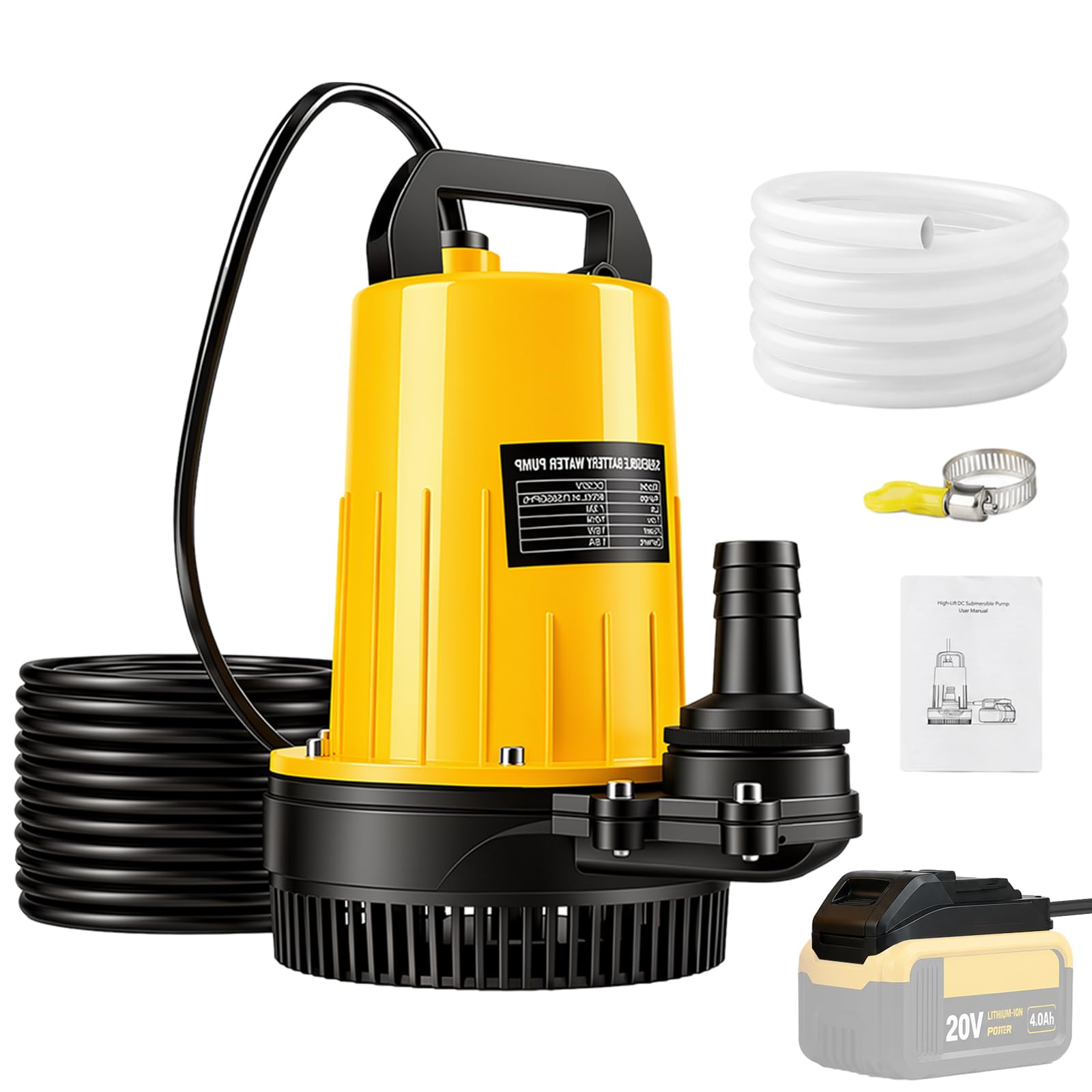 Akku Tauchpumpe für Dewalt 18V Akku (Ohne Akku), 2800L/H Klarwasserpumpe mit 12m Förderhöhe, 5m Anschlusskabel, 10m Ablaufschlauch & Sicherheitsdeckel, für Pool, Wasserbett, Garten, Teich Entwässerung