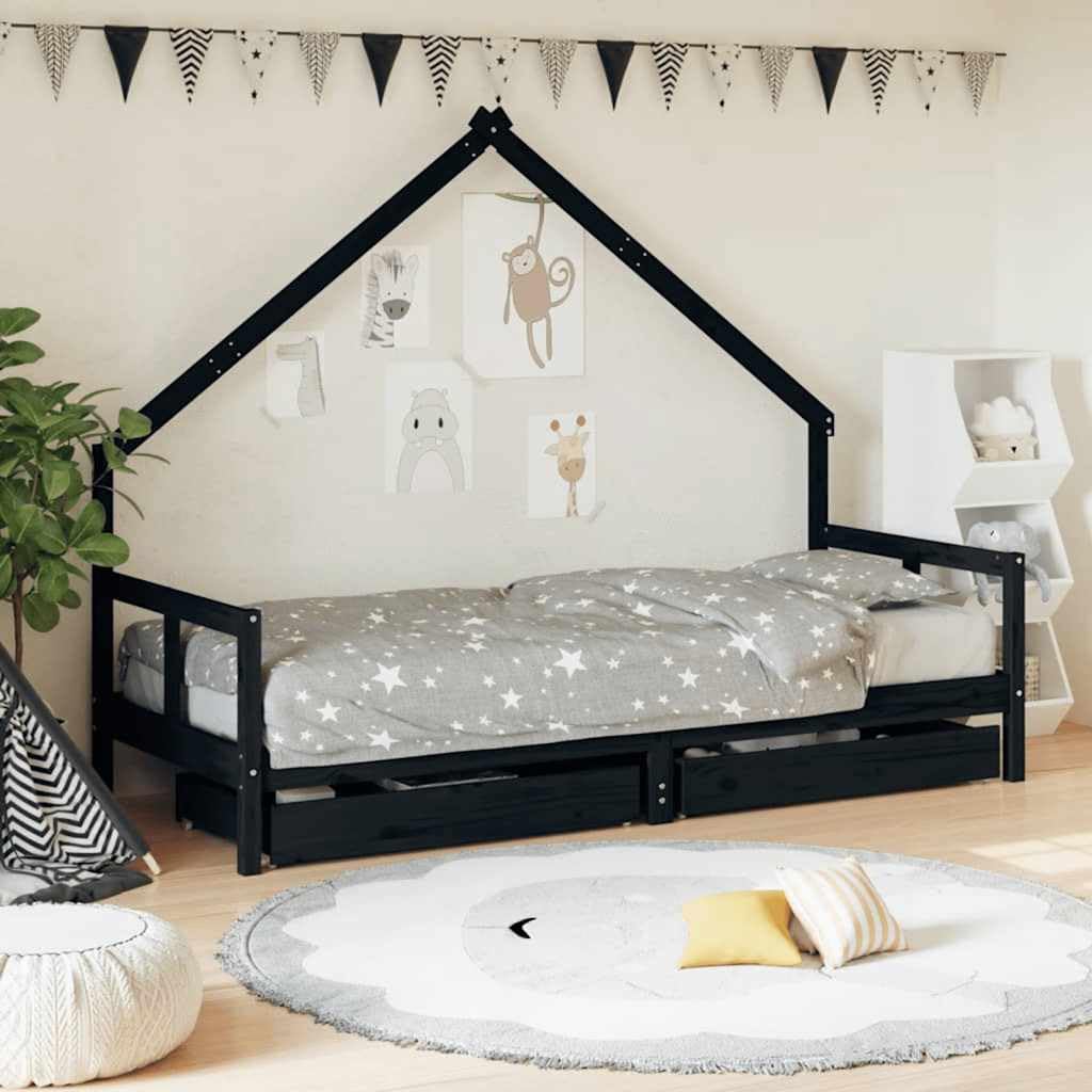 Cama infantil con cajones, color negro, 80 x 200 cm, madera maciza de pino, adecuada para niños a partir de 4 años, cama estable con espacio de almacenamiento y rejilla, ideal para dormitorio
