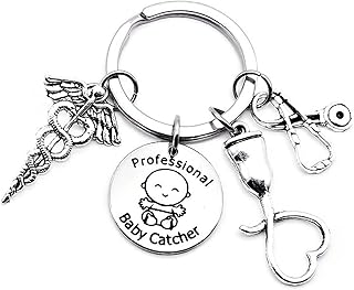 Kits Kiss, OBGYN Keychain Obstetrician Gynecologist NICU Nurse Midwife Graduation OB GYN Specialist Gift Stethoscope Doppler Ultrasound Medical Caduceus Charm, Silver, Diameter of Key Ring : 1.2 in