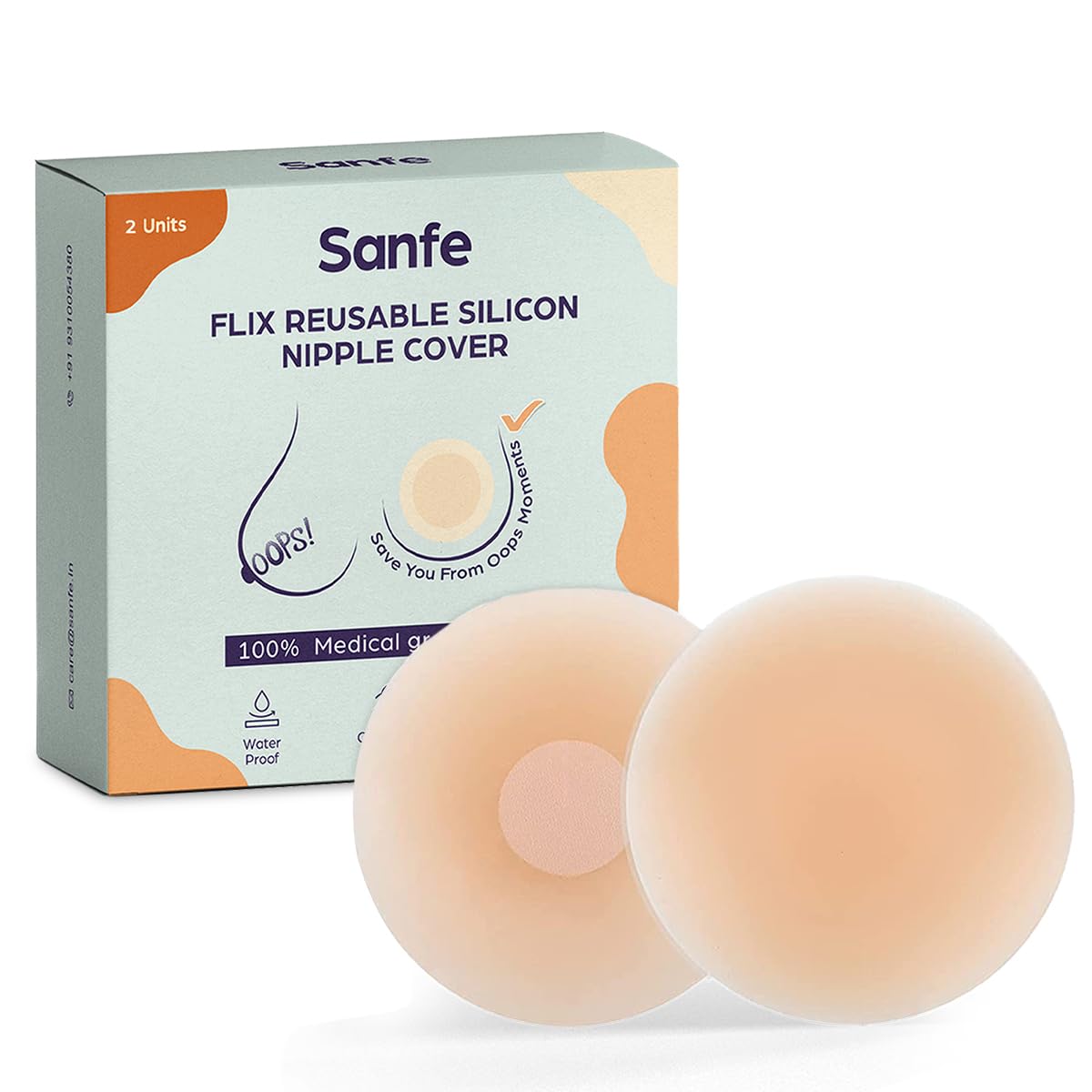 Flix Reusable Silicone Nipple Cover - 2 Pieces | 10 Times Reusable | Skin-Friendly Adhesive Pasties for Women | Nipple Pasties for Women Beige