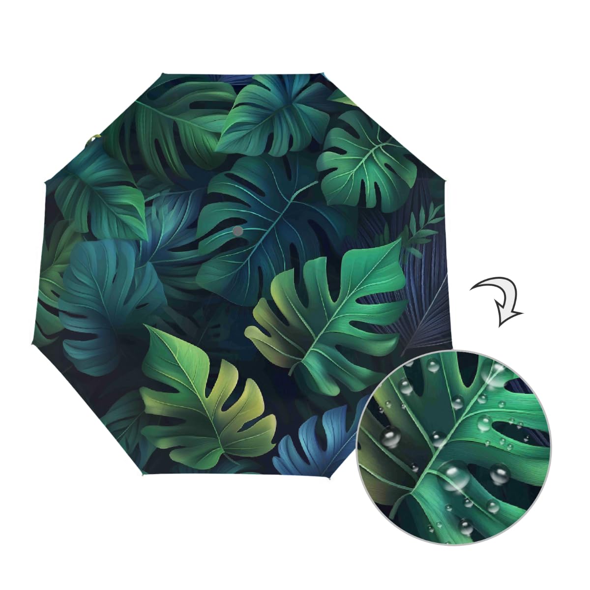 Ombrello pieghevole estivo con foglie di palma tropicale, ombrello da viaggio, compatto, antivento, impermeabile, con protezione UV, rivestimento nero, leggero, 8 costine, portatile, per