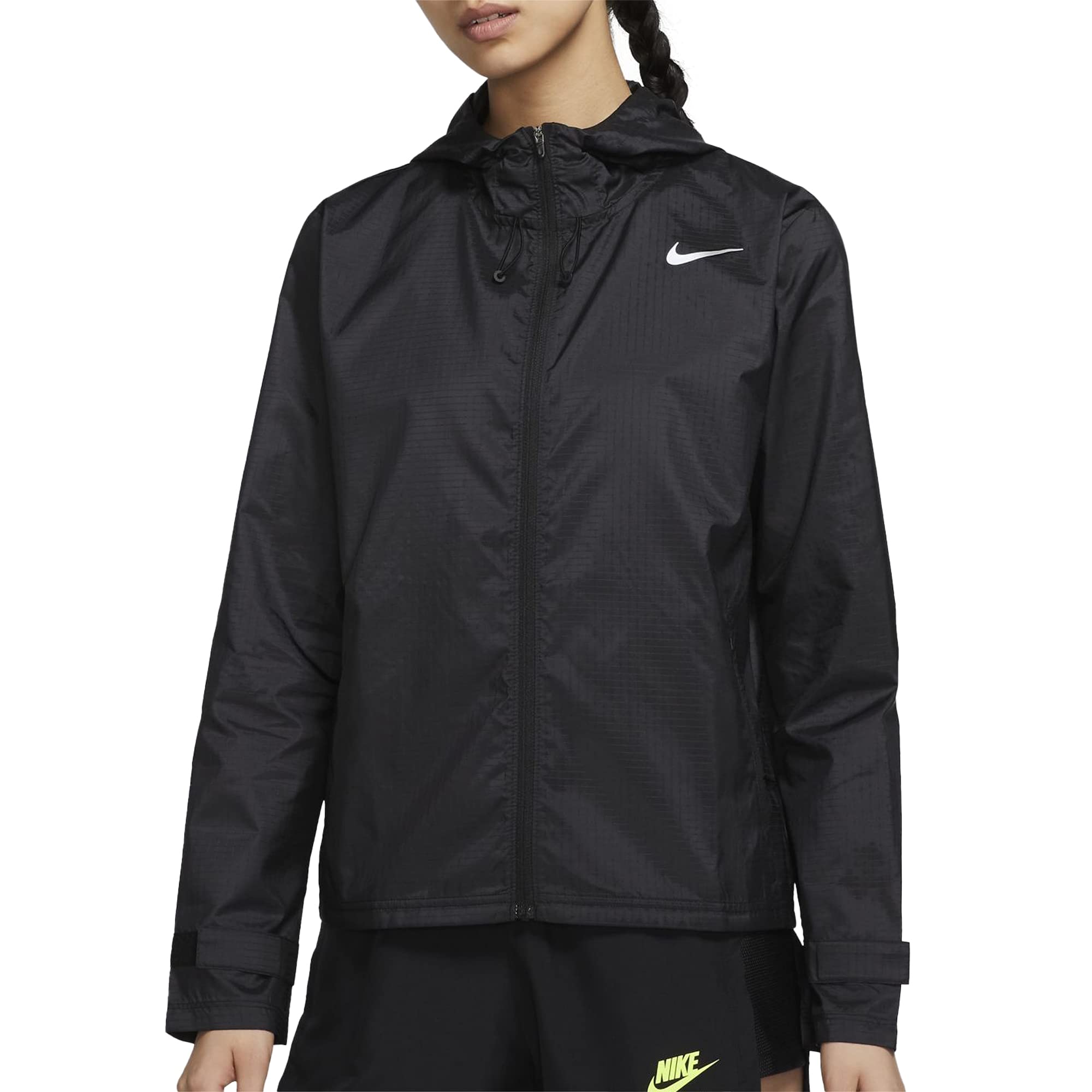 Nike Women’s Essential Water-Repellent Hooded Full Zip Black/Silver Running Jacket, Stay Dry, Ultra Lightweight Reflective Running Jacket, Flocked Mesh Lining, Style CU3217/Color 010, Size Medium