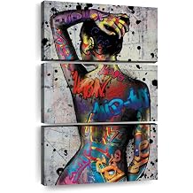ElephantStock Urban Babe Body Art Multi Piece Canvas - 3 Panel Graffiti Wall Art - Colorful Wall Art, Black-Magenta Banksy Wall Art Inspired - Graffiti Canvas Wall Art - 20" X 32"