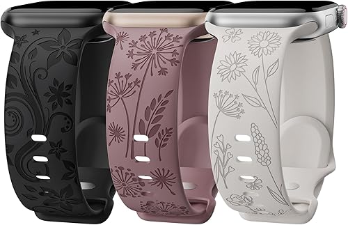 Miniatura 1 de Paquete de 3 bandas grabadas florales compatibles con Apple Watch Band para mujeres de 1.496 pulgadas, 1.575 pulgadas, 1.614 pulgadas, 1.654