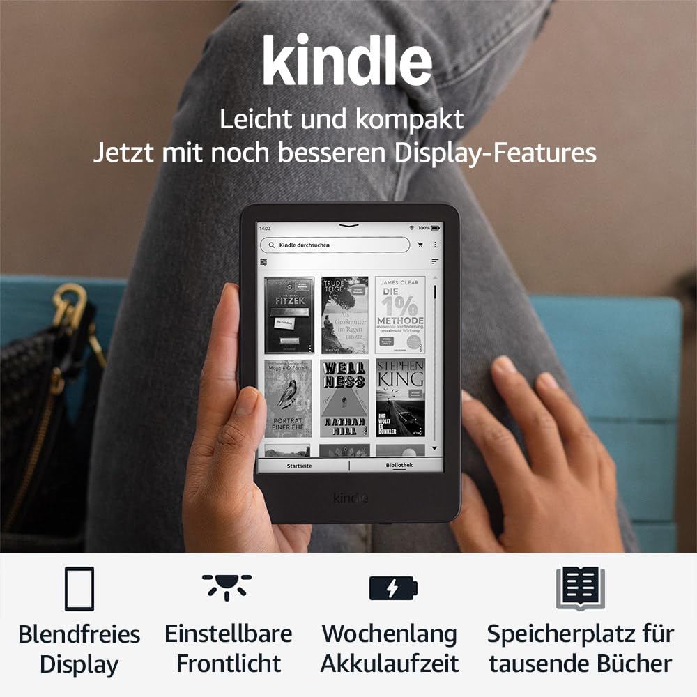 Amazon Kindle (16 GB) – Lightest and most compact Kindle with glare-free display, faster page turns, adjustable front light and long battery life – With Ads – Black