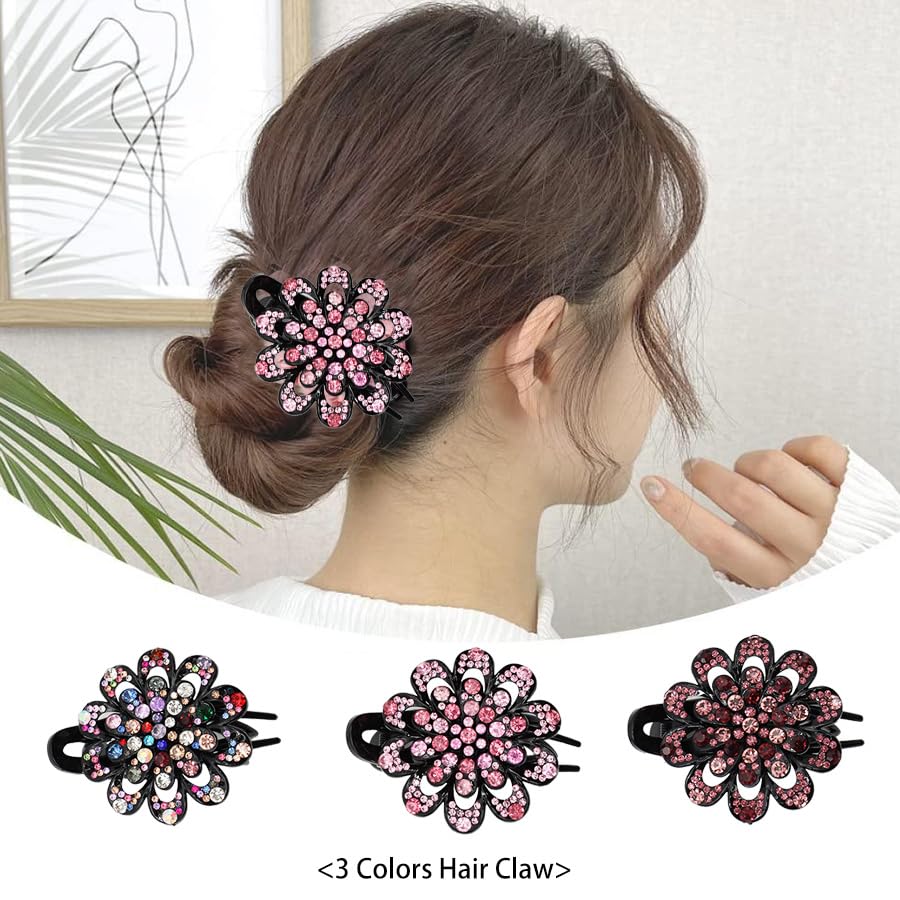 Shimmering Crystal & Rhinestone Flower Hair Clips - 3 PC Vintage Duckbill and Ponytail Clip Set, Elegant Barrettes Hair Accessories for Women