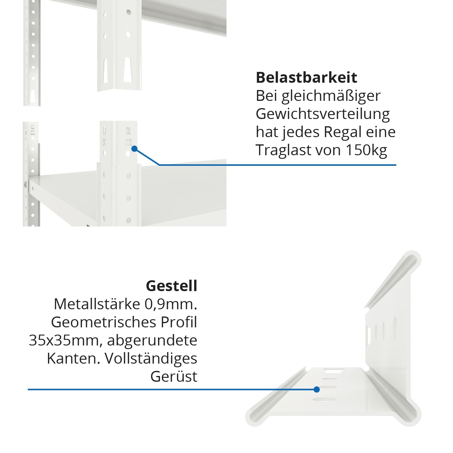 Metallregal 180x100x60 cm, 5 Böden, 250 kg, Weiß, Vorratsregal | Platzsparend für Speisekammer, Abstellraum und Keller, variable Ablagen zur übersichtlichen Lagerung von Vorräten und Kisten.