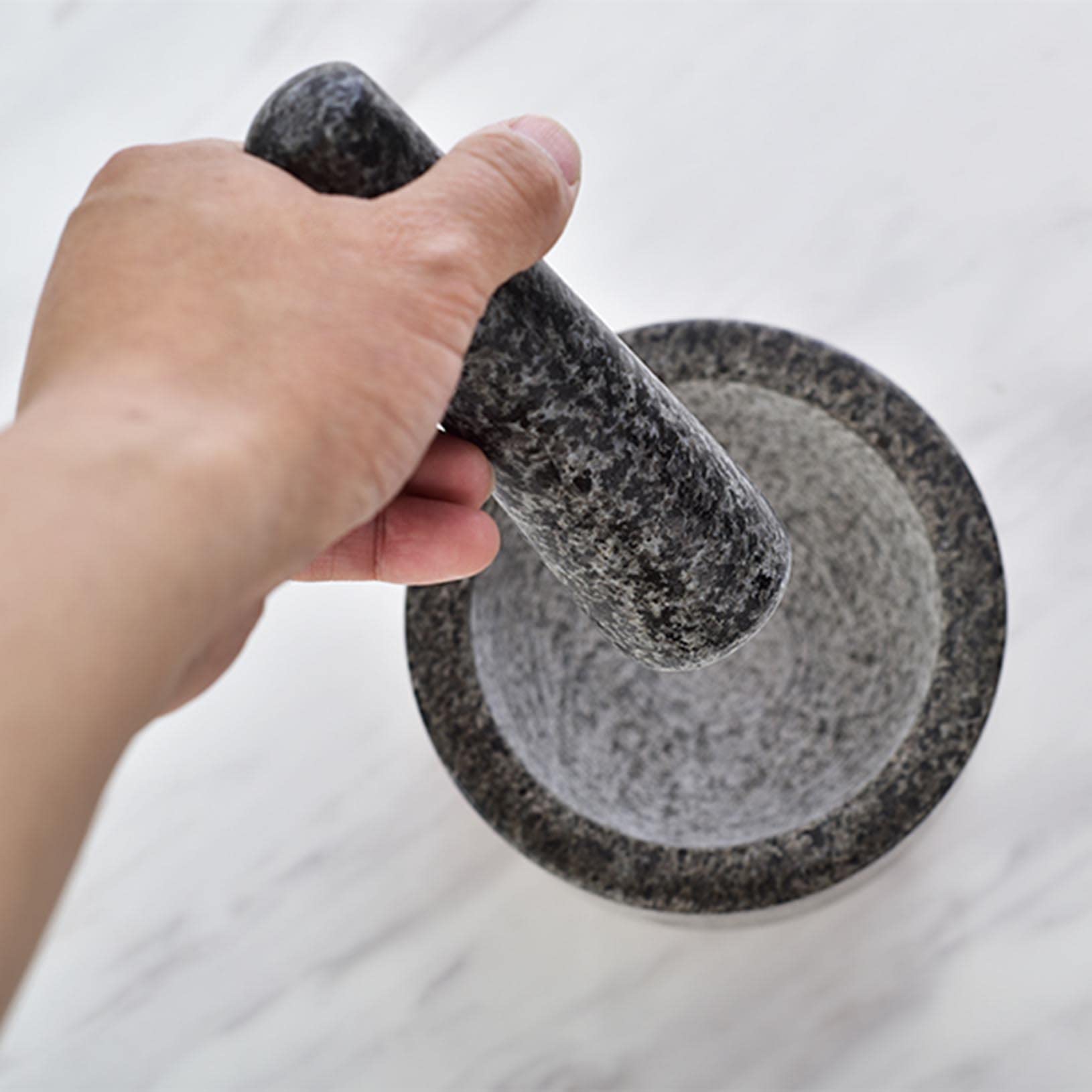 Grande Set di Mortaio e pestello, Pietra di Granito lucidata e scolpita a Mano - Perfetto per Cucinare e preparare Il Guacamole - Ottimo Strumento o r