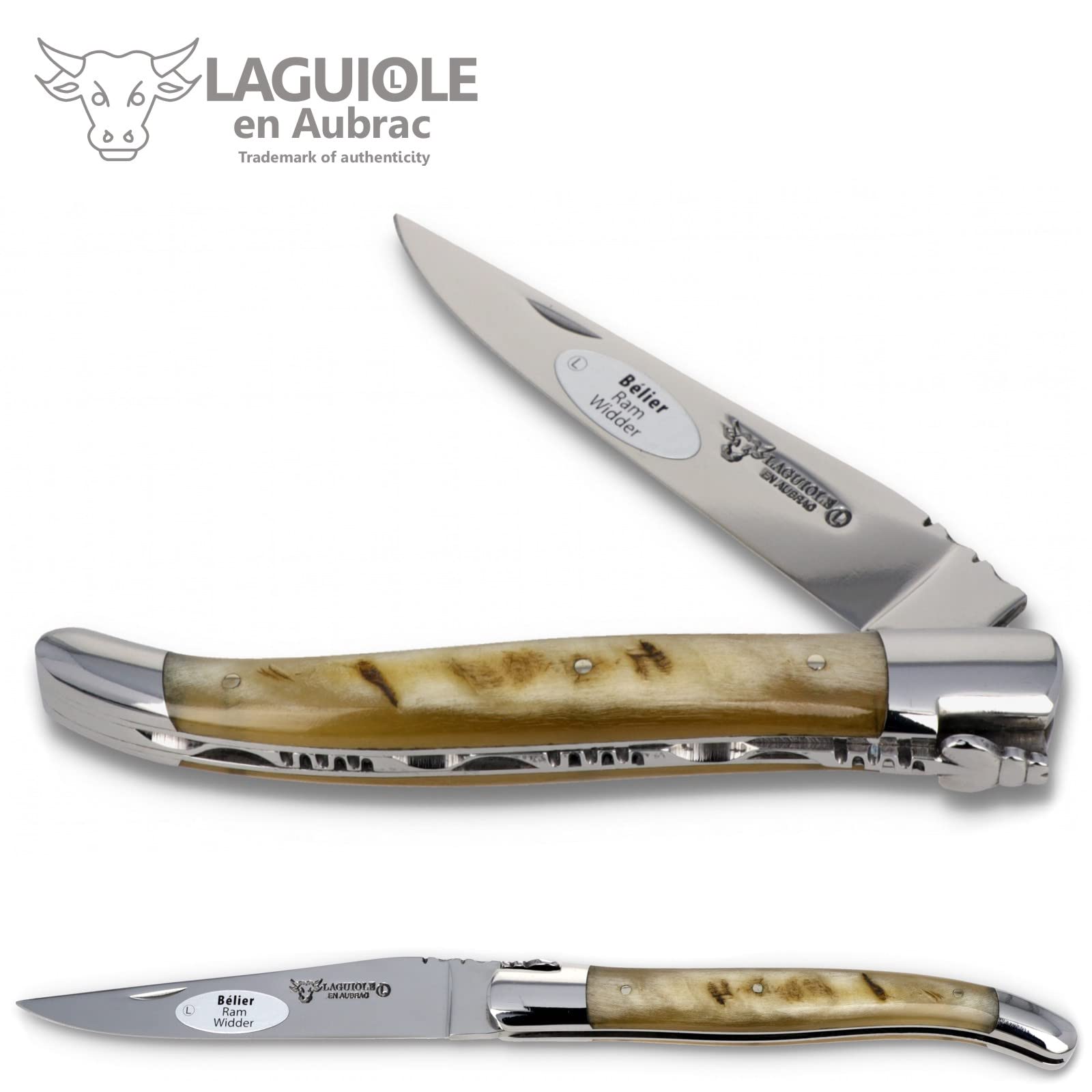 Laguiole en Aubrac Handmade Knife 12 cm L0212BEIF ram's Horn Handle, Blade and bolsters Stainless Steel Shiny
