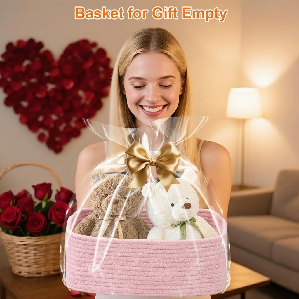 Small Storage Baskets for Organizing, Woven Storage Bins for Shelves, Gift Basket Empty, Cute Decorative Closet Organizer, Baby Rope Basket, Dog Toy Storage, 13.2x8.2x5.2”, 3Packs Pink