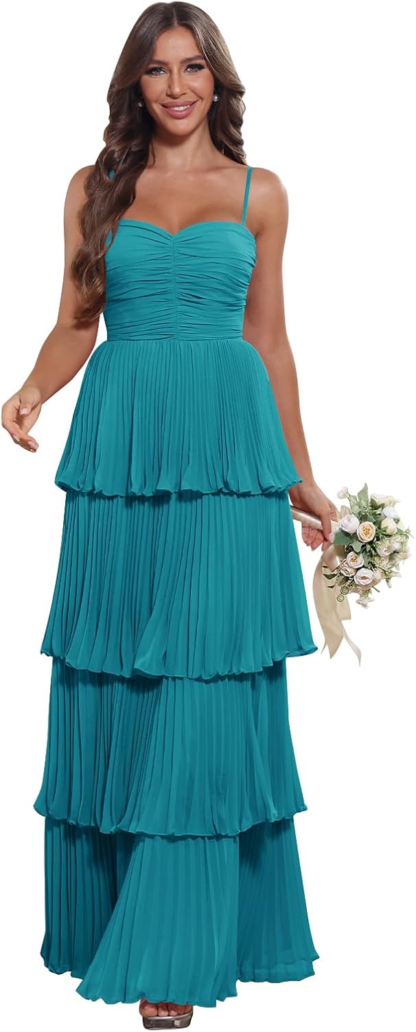 Tiered Pleated Ruffle Bridesmaid Dresses 2026 Long Chiffon A Line Sweetheart Formal Wedding Guest Gowns