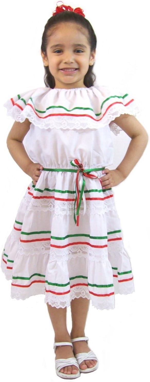 Leos Mexican Imports Girls Mexican Dress 3 Ribbons White Girls
