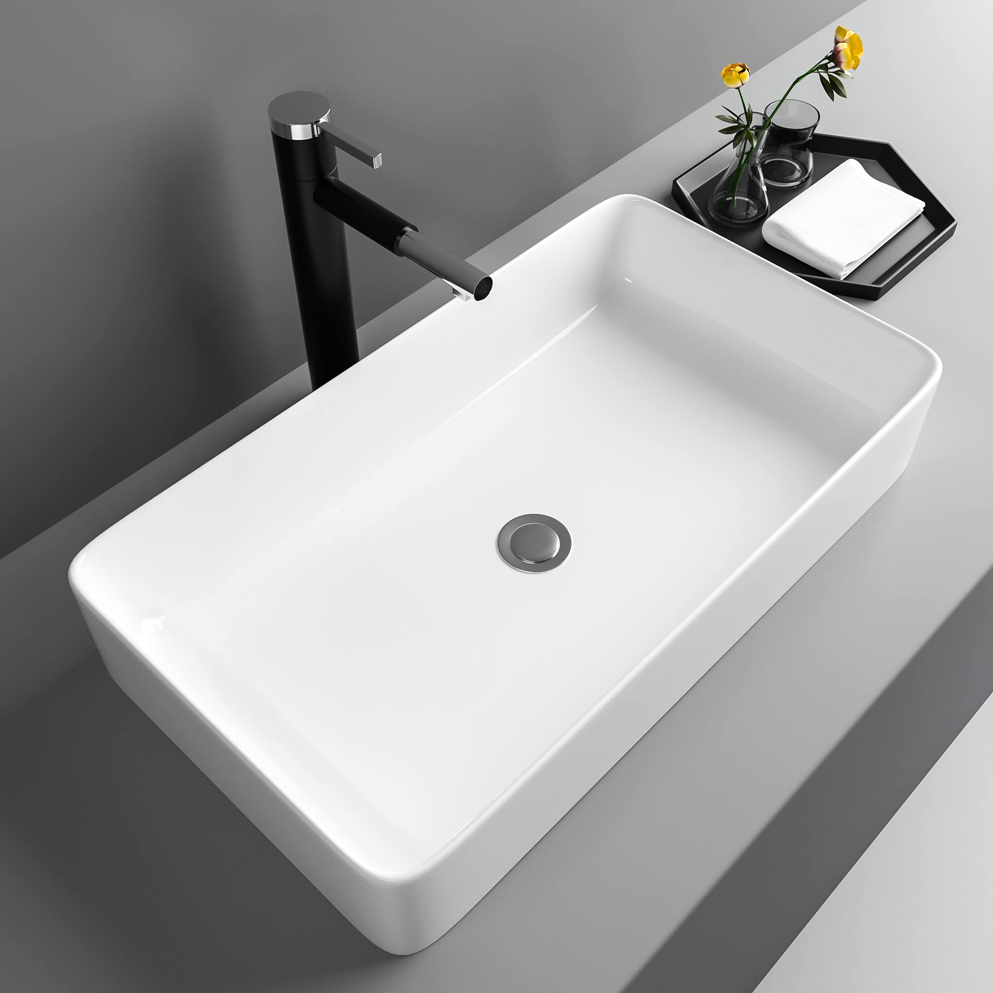 Grand lavabo rectangulaire blanc pour créer une salle de bain esprit spa à la maison