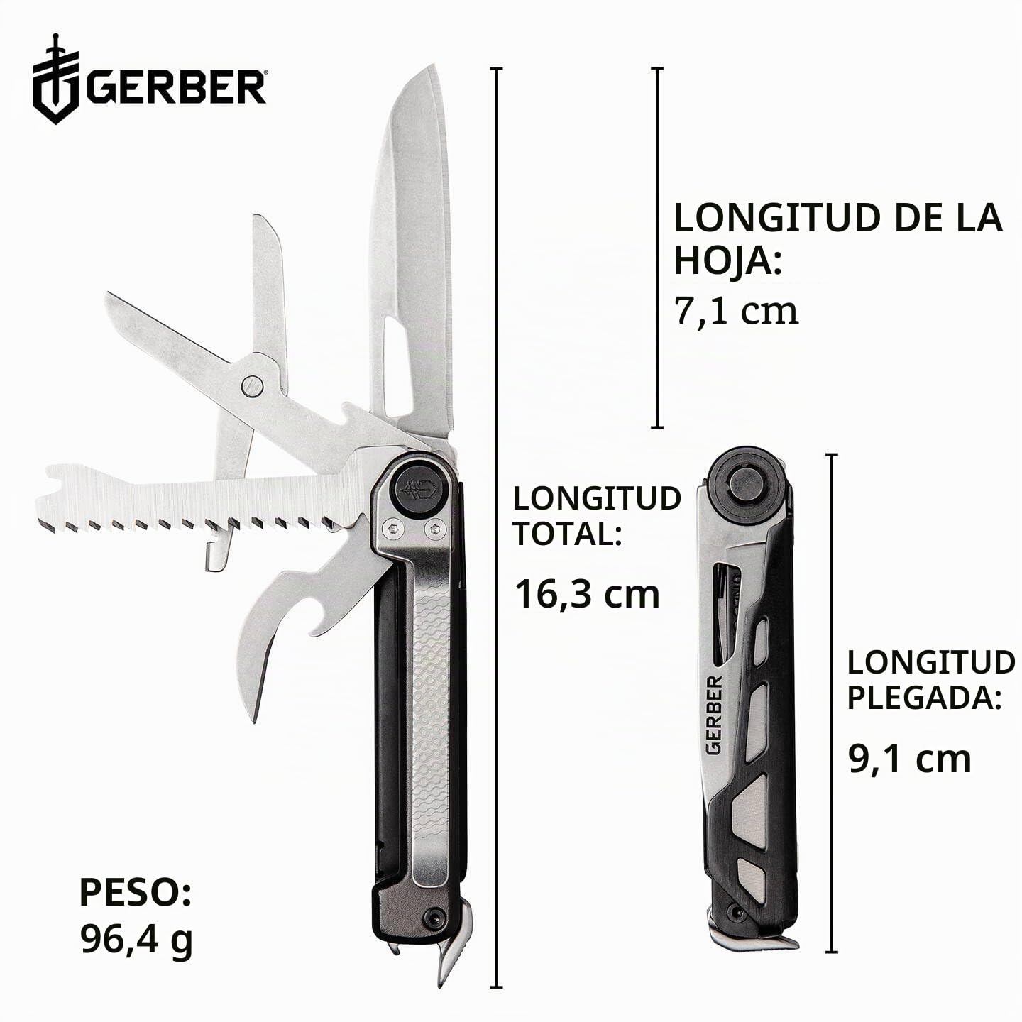 Gerber Navaja de bolsillo con 7 funciones, Multiherramienta con hoja lisa, Con tijeras y sierra, ArmBar Scout, Gris/Plata, Acero inoxidable/Aluminio, 1064399