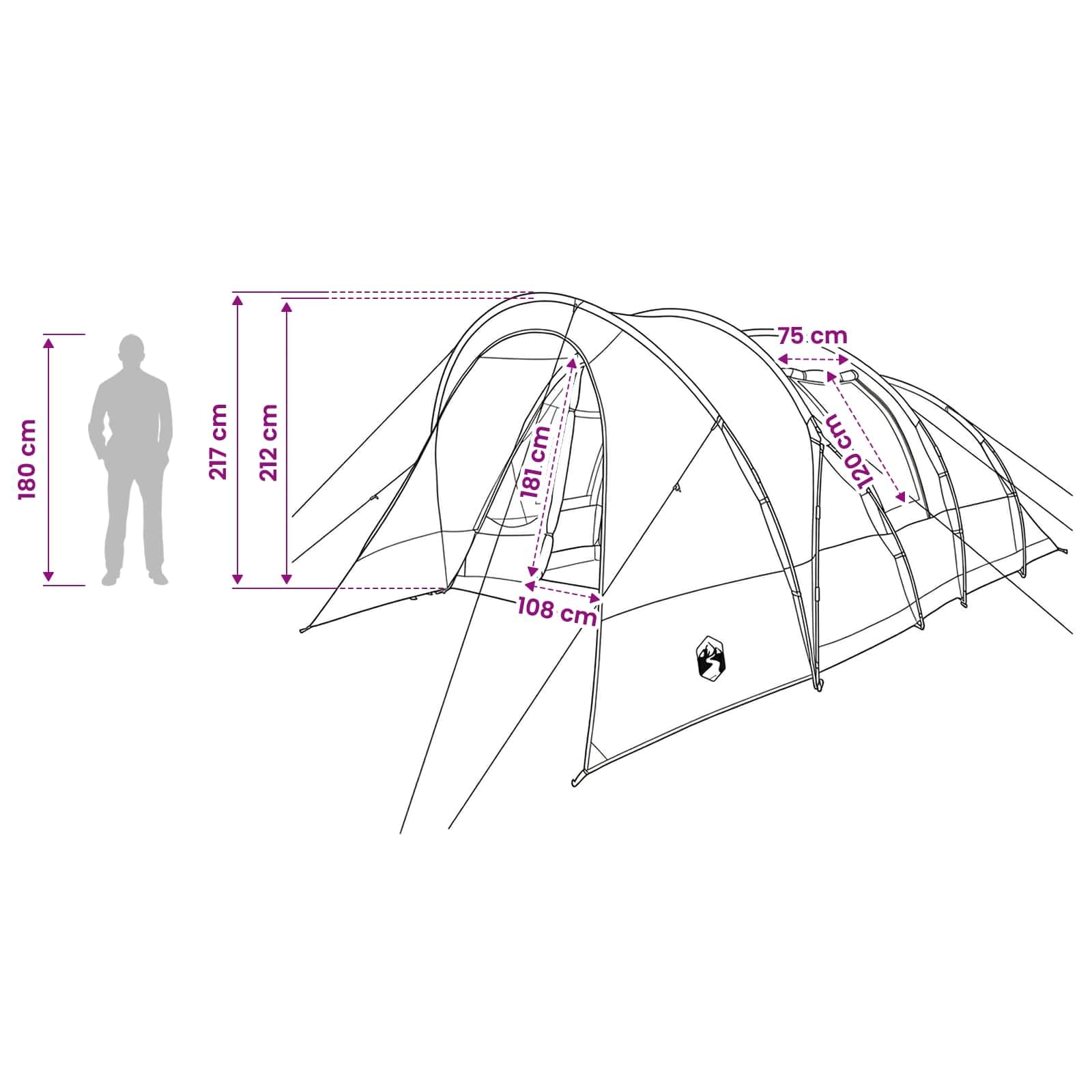 Namiot tunelowy, szary, pomarańczowy, 560 x 395 x 212 cm, tunel, 185T, poliester, powłoka PU, wodoszczelny namiot kempingowy dla rodziny, 22,12 m² do wnętrza