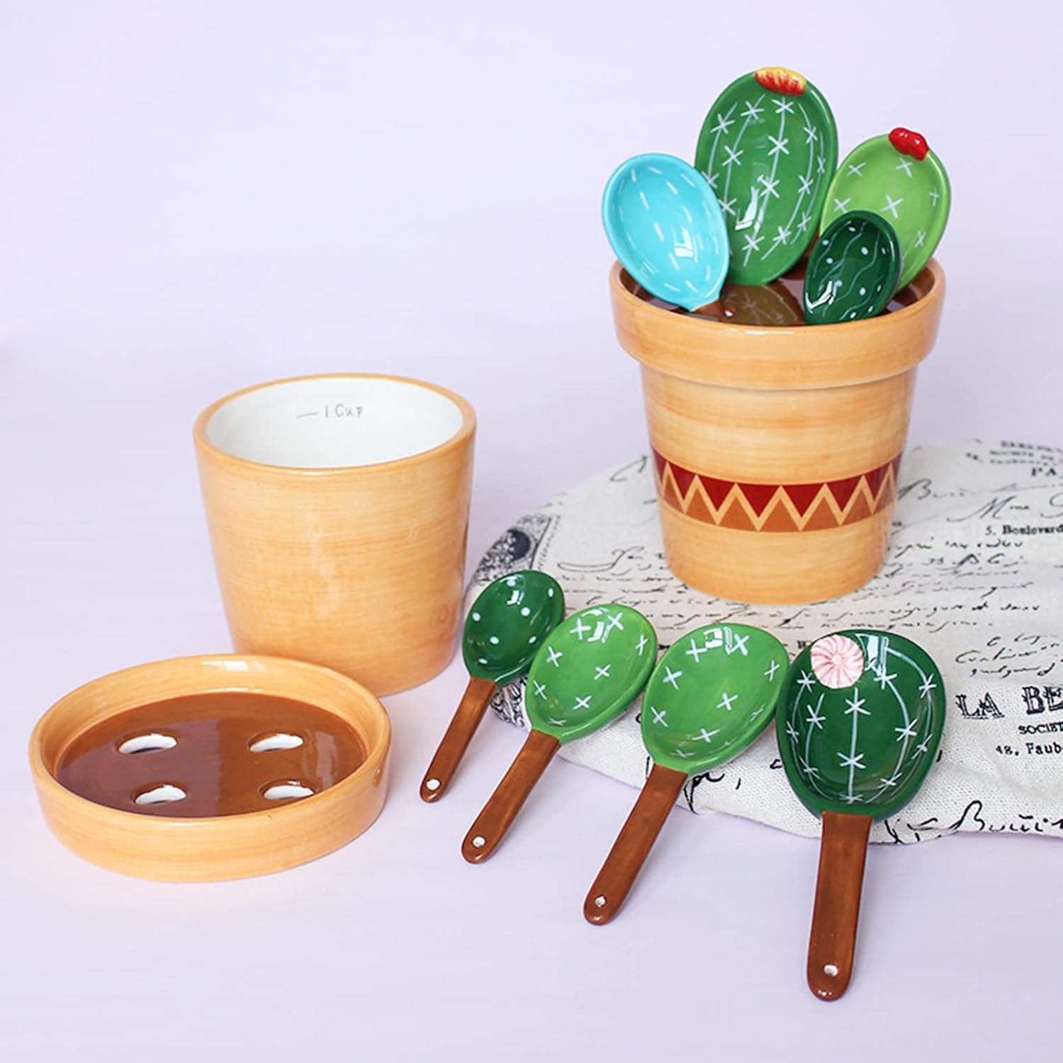 Ceramic Cactus Measuring Spoons with Holder Set Baking Measuring Spoons for Home Kitchen Cooking Baking Sugar Salt Cactus Set