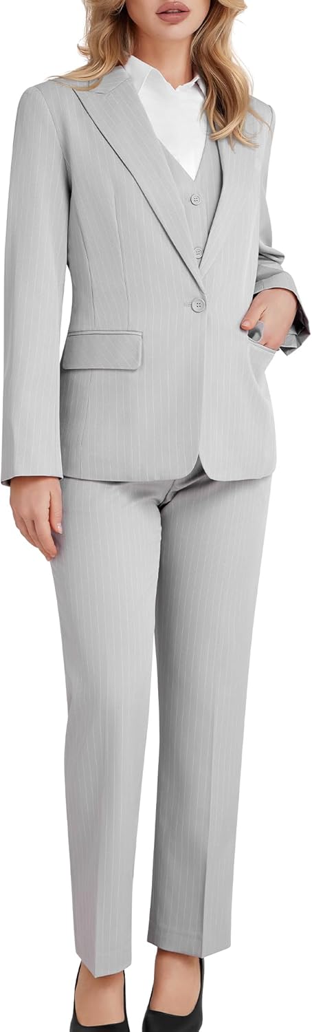 Women's 3 Piece Striped Suit One Button Slim Fit Business Work Professional Blazer Jacket Vest Pants Set - Image 5