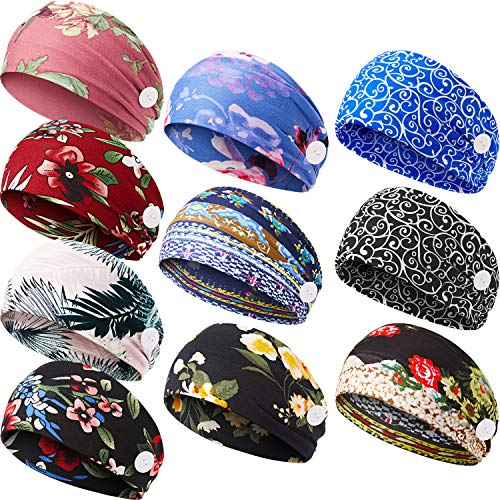 10 Pieces Button Headband Ear Protection Holder Headband Multifunctional Hair Band Floral Printing Elastic Soft Headwrap for Women Men