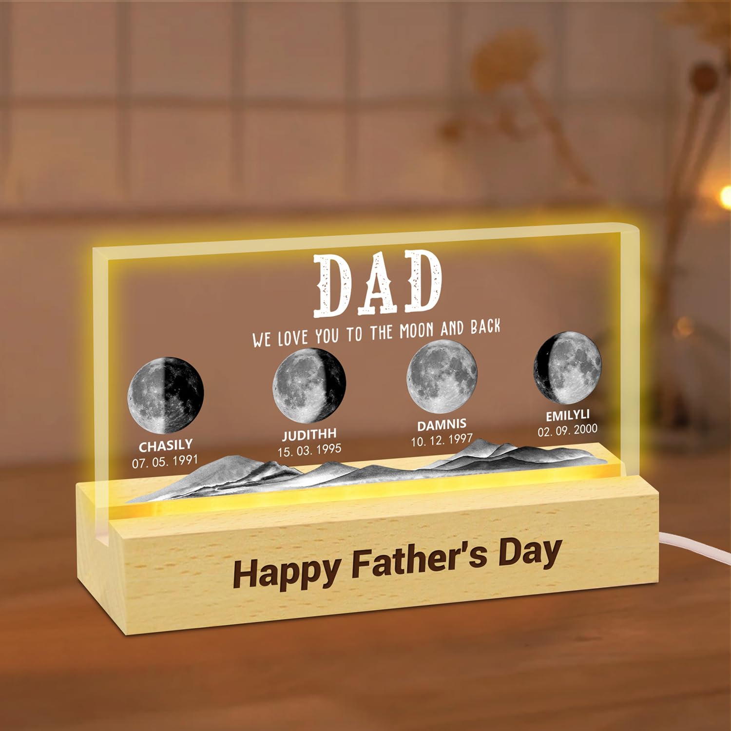 VWCSDSCS We Love You to The Moon and Back Personalized Moon Phase LED Night Light for Father,Custom Name and Birthdate Acrylic Block,Fathers Day Gift for Husband Grandpa