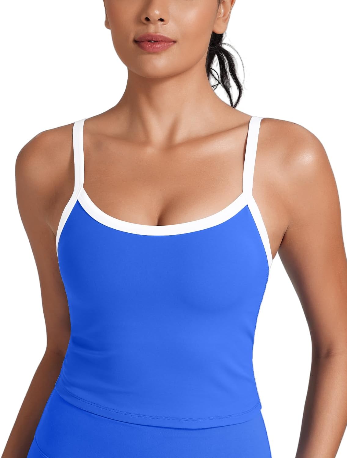 HeyNuts Vintage Color-Block Strappy Crop Tank Top for Womens, Cute Contrasting Trim Yoga Longline Sports Bras Padded A-D Cups