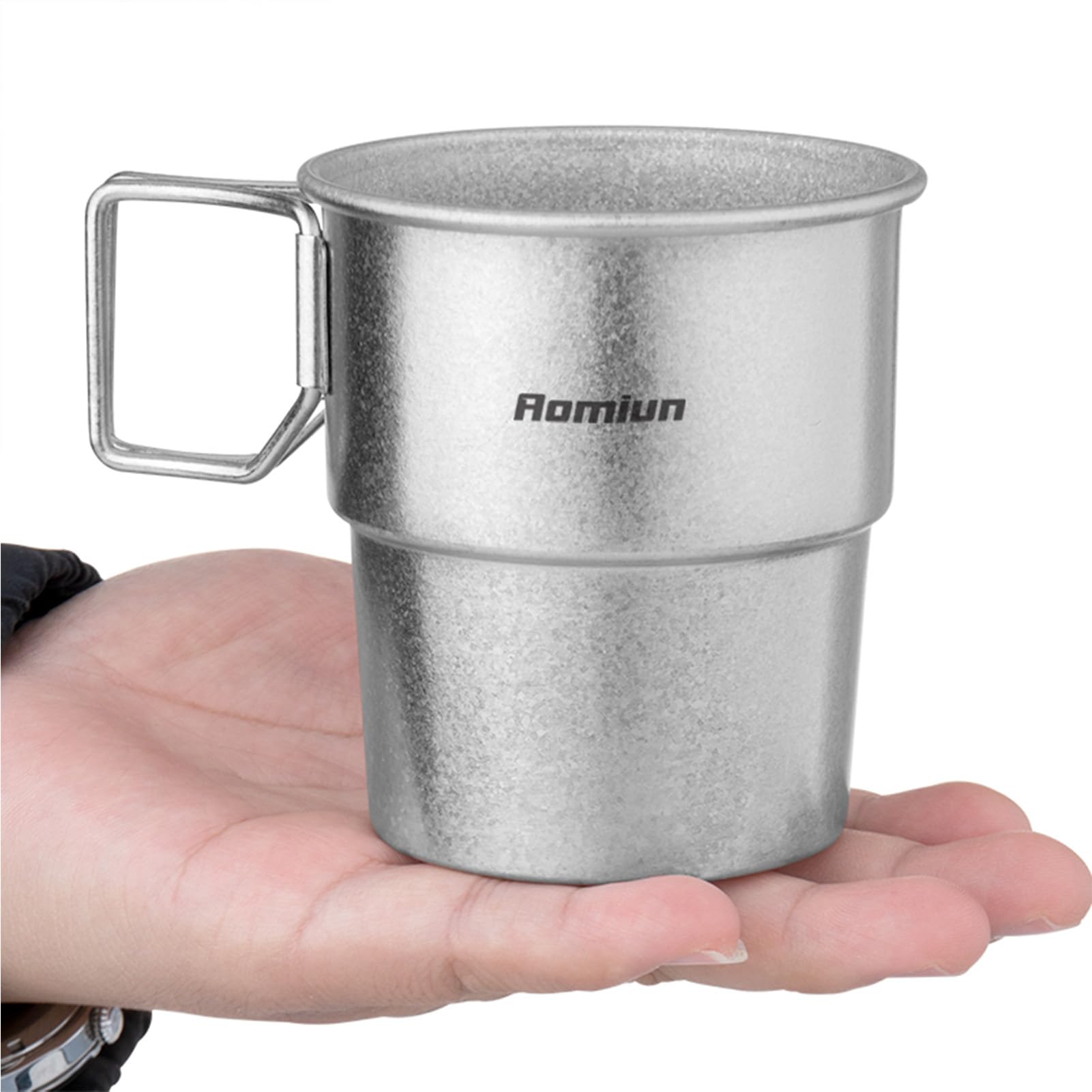 Aomiun Titanium Camping Cup 300ml – Ultralight Stackable Coffee Mug, Foldable Handle & Leak-Proof Design for Backpacking, Hiking, Campfire Cooking (Survival Gear)