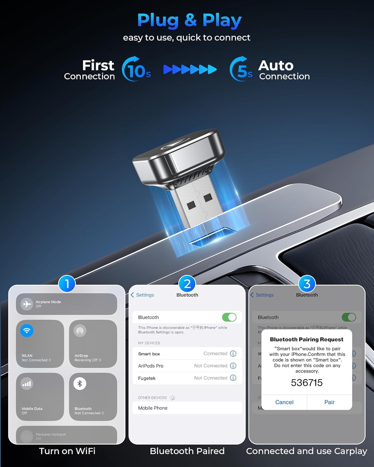 Adattatore CarPlay wireless con cavo CarPlay (USB a C), adattatore Mini CarPlay in metallo per iPhone con iOS 10+ e Android 11+, nessun ritardo (nero)