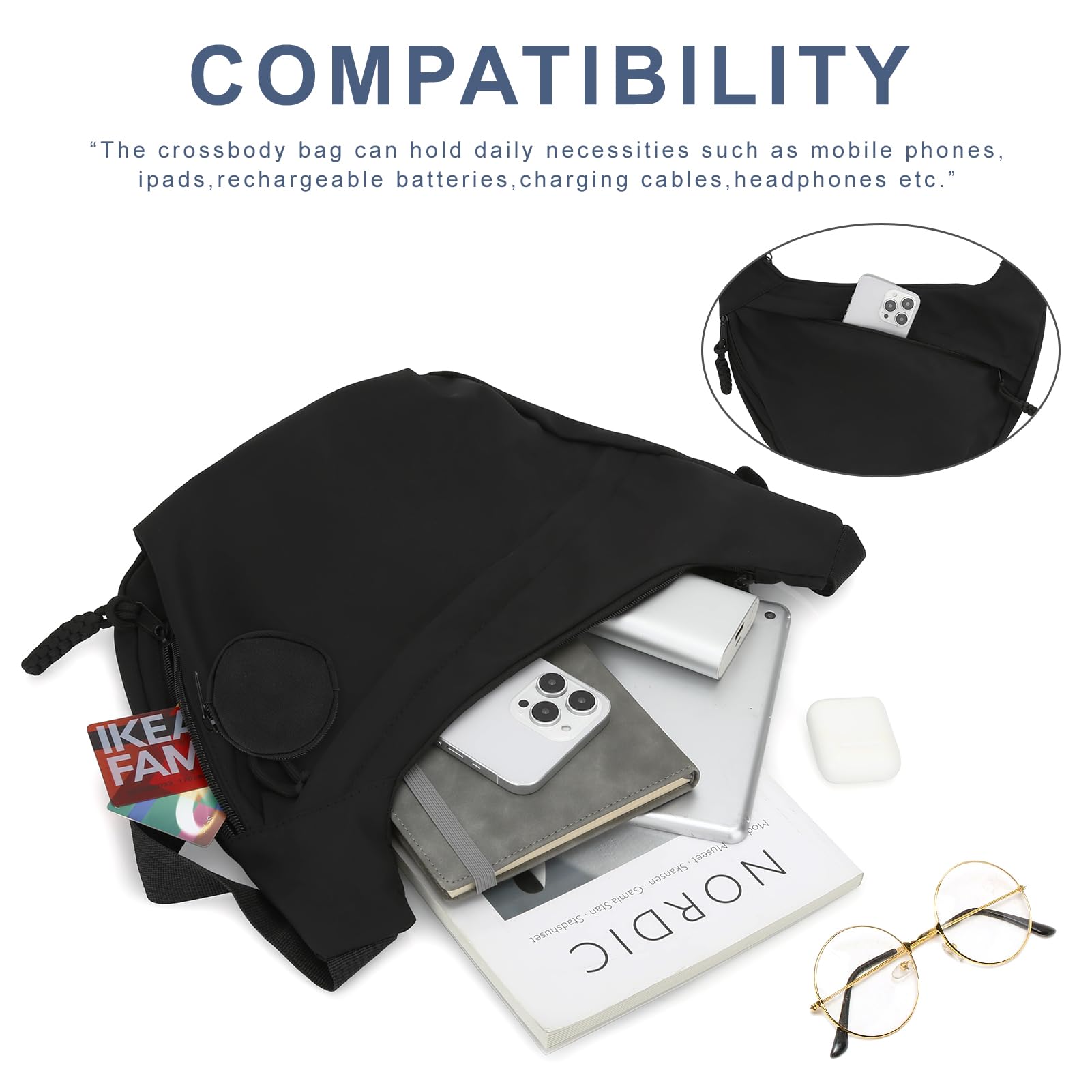 DOB SECHS Crossbody Bag+Coin Purse Nylon Messenger Bags for Women Multilayer Shoulder Bag with Adjustable Strap Lightweight Casual Bag Hobo Bag (Black)