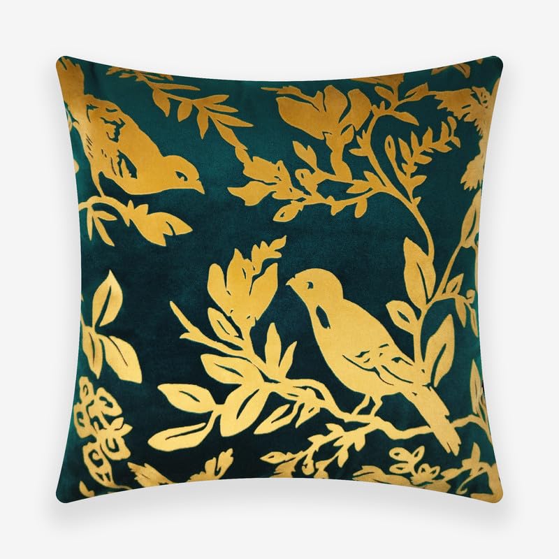 Image of Birds Designer Velvet Cushion Cover | Decorative Cushion Cover | Modern & Trendy | for Sofa Chair Bedroom | Set of 1 (16 x 16 Inch, Emerald Green & Gold)