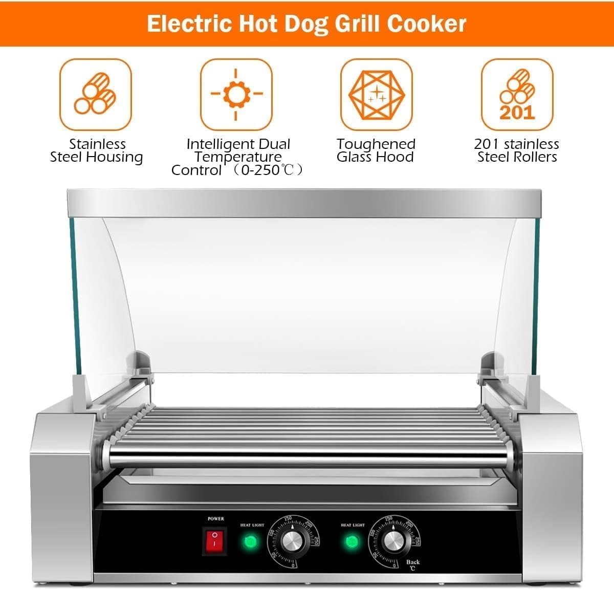 Commercial Hot Dog Roller Machine 1400W 11 Rollers Sausage Grill | Adjustable Temperature | Electric Hot Dog Cooker for Parties and EventshkMBJ17433