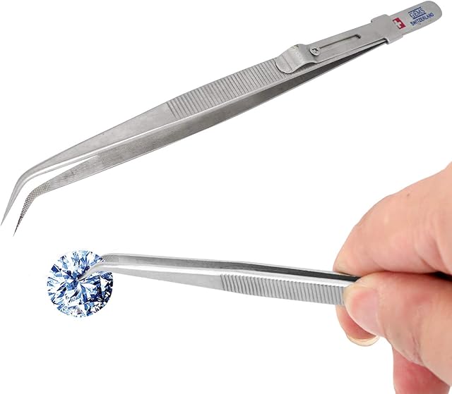Extra Long Stainless Steel GEM & Diamond Curved Tip Tweezers,TWEEZER with Slide Lock for Stone Gems Rhinestones Acrylic Picking Tool & Making Jewelry Craft Tool