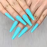 Artquee 24pcs Cyan Blue Pure Color Ballerina Long Coffin Glossy Fake Nails Press on Nail False Tips Manicure for Women