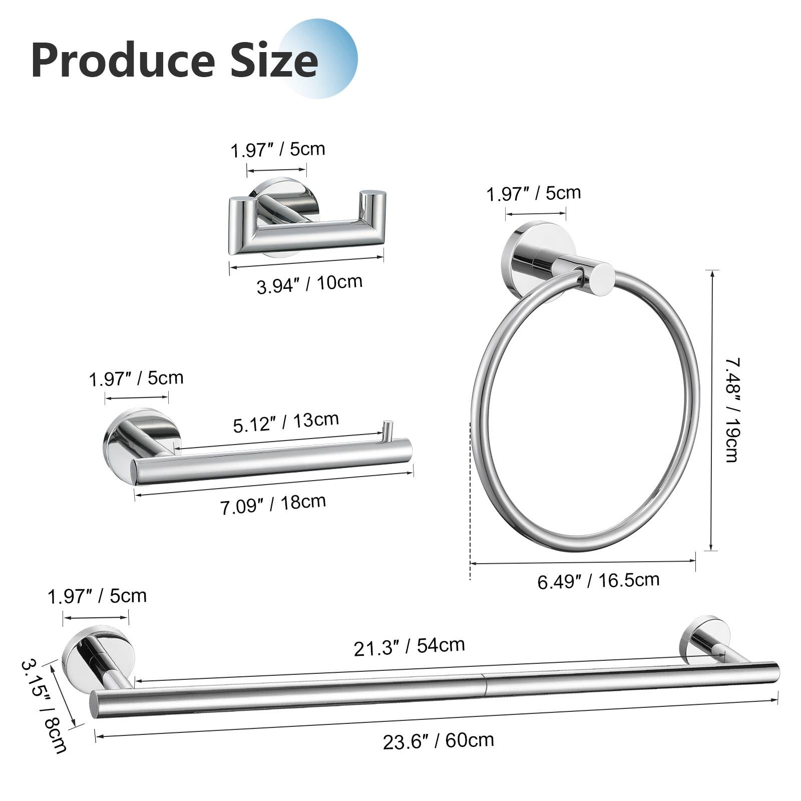 Lot de 5 porte-serviettes en chrome poli 60 cm